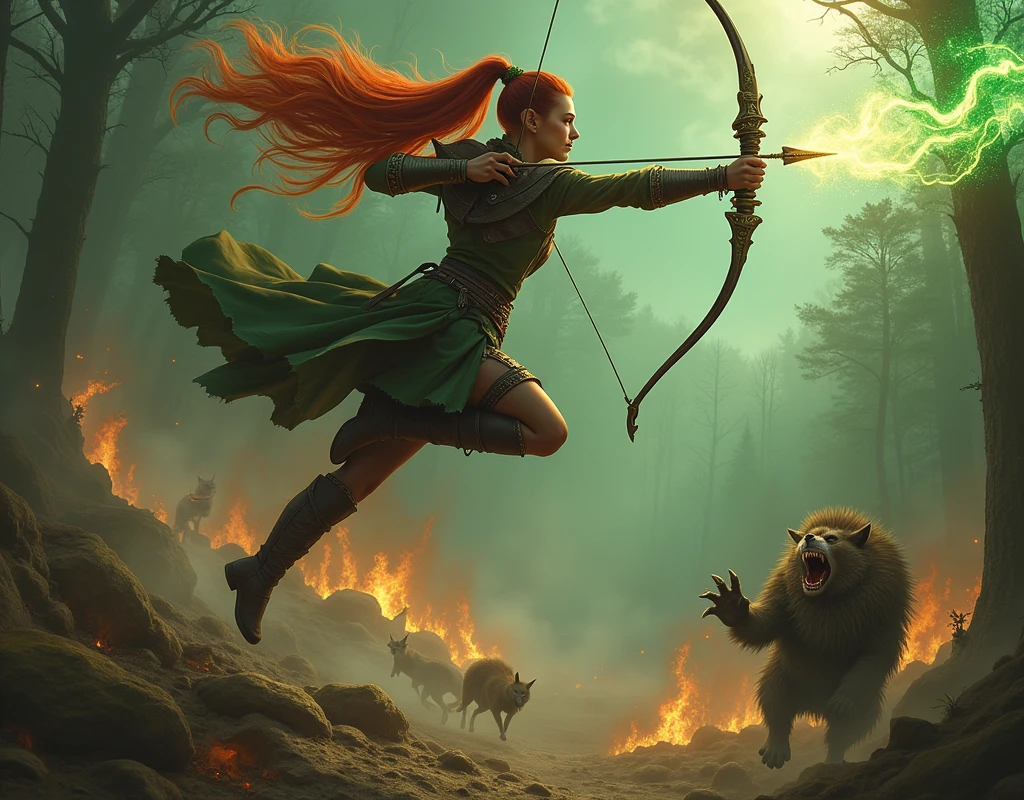Cinematic 75mm Epic fantasy art from above and behind a druidic archer girl with flowing red hair tied into a large pony tail. Wielding a bow and arrow. She is dressed in leather and fur with metalic brass accents. She is leaping through the air, mystical green light trailing behind her giving her a godly powerful aura. A cracking golden light adorns the tip of her arrow in flight. she takes aim at a furry gnoll warrior who is gnashing sharp fangs dripping with saliva from the ground. The backdrop is a war-torn battlefield of burning trees and shattered ground. Animals are fleeing. The woman is dressed in meticulously detailed leathers and furs that appear both battle-worn and mystical, with textures and patterns inspired by the the forest and divinity. The furs seem alive with magic energy, giving the impression that it is part of the world. They hold a grand, ornately designed longbow, which shines with muted, enchanting green light, its wood adorned with intricate engravings of futhark runes. Surrounding the woman is a dramatic war torn land: fierce fires blaze across dark, sprawling treelines, casting dynamic shadows and highlights. The ground below is rendered with lifelike craters, illuminated by sporadic flashes of spells and fire. The entire scene is bathed in a dramatic, celestial light, creating a striking contrast between the war’s chaos and the woman’s commanding serenity. The gnoll is vicious, teeth chipped and fur torn and scarred.