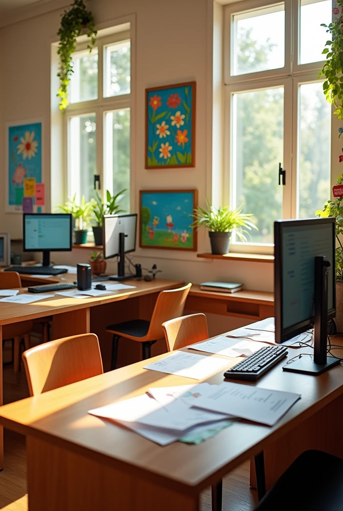 School office with large desks, cadeiras, computers, schedule papers, children's paintings hanging on the wall,