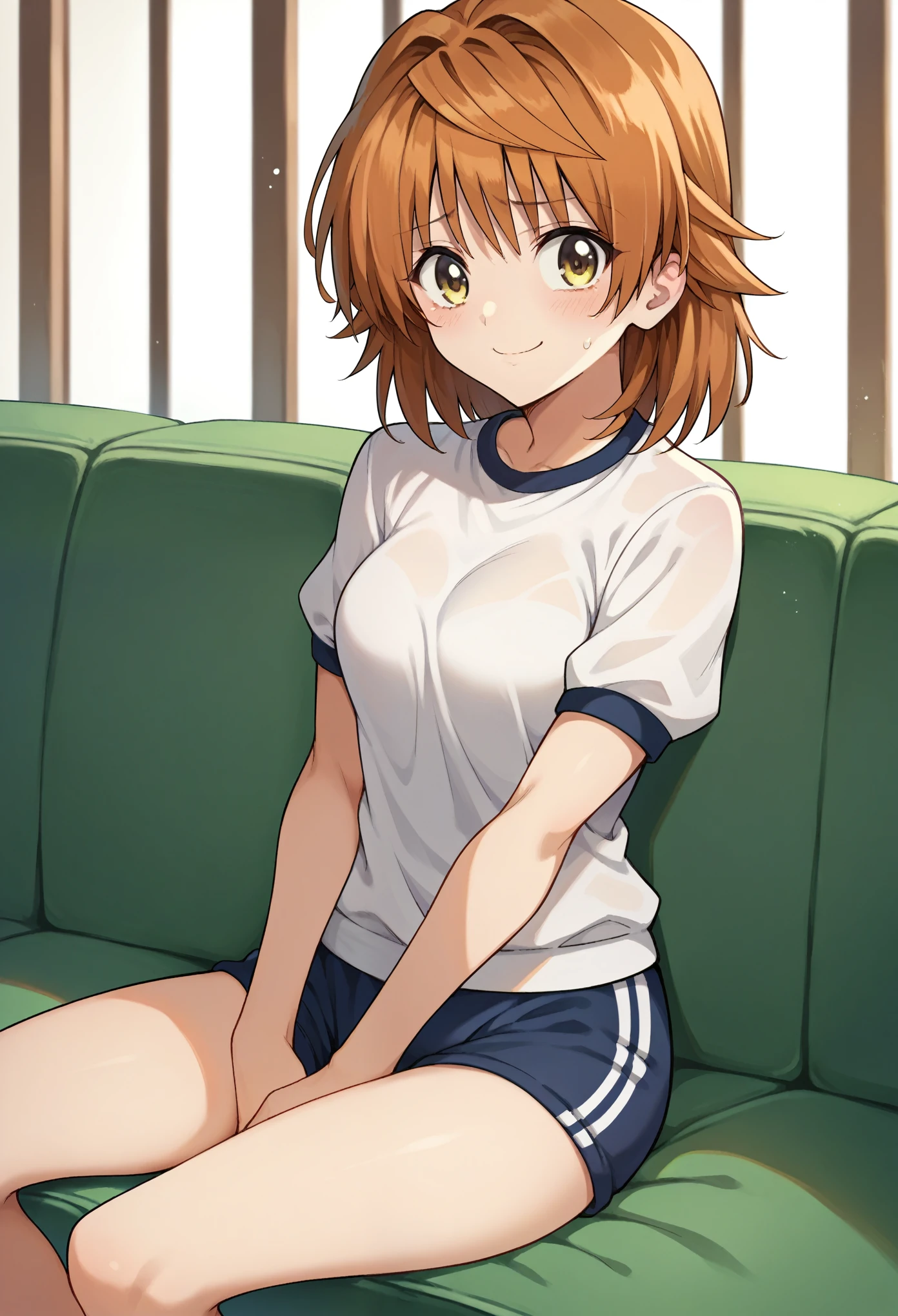 score_9, score_8_up, score_7_up, 1girl, solo, yuusaki riko, yellow eyes, brow hair, medium hair, spiked hair, taisoufukuN, gym uniform, blue short, sitting on couch, nervous, smile, looking at you, hall