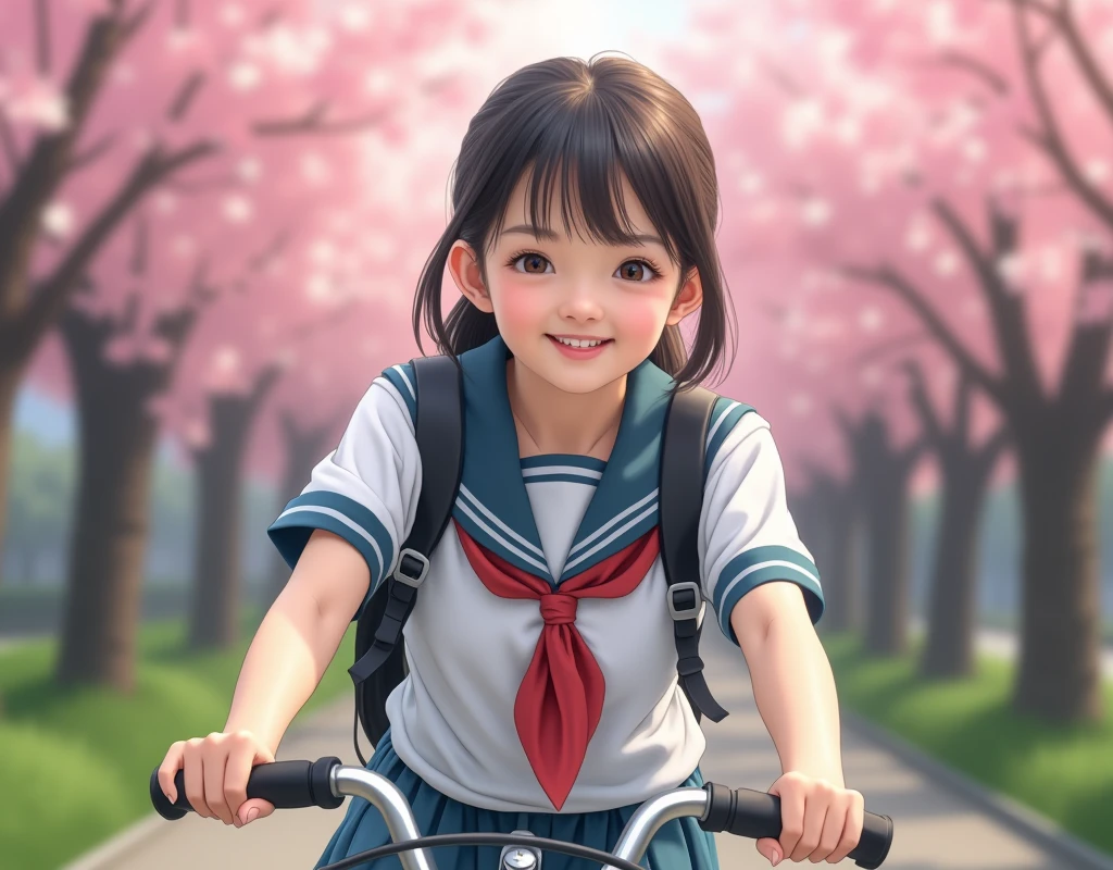 A girl riding a bicycle on her way to school, wearing a school uniform, sitting confidently on the bicycle seat, hands properly gripping the handlebars, feet properly placed on the pedals, with a beautiful, detailed face, confident smile, Japanese, RAW photo, realistic, masterpiece, best quality, 8K, ultra-detailed, perfect anatomy