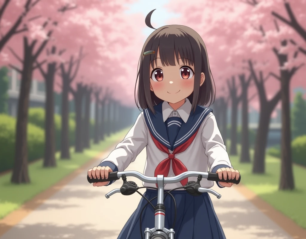 A girl riding a bicycle on her way to school, wearing a school uniform, sitting confidently on the bicycle seat, hands properly gripping the handlebars, feet properly placed on the pedals, with a beautiful, detailed face, confident smile, Japanese, RAW photo, realistic, masterpiece, best quality, 8K, ultra-detailed, perfect anatomy