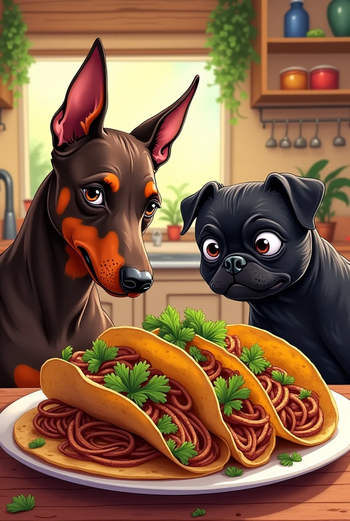 Create an illustration of some tacos with roasted onion, cilantro and onion, where a doberman dog brown color, this about to eat them with his pug friend black color