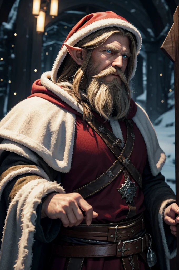 (master piece), 8k, best quality, elf, middle age, with hood, Norse Viking outfit, Santa Claus hood and cape, big white beard, pointy ears, blue eyes,