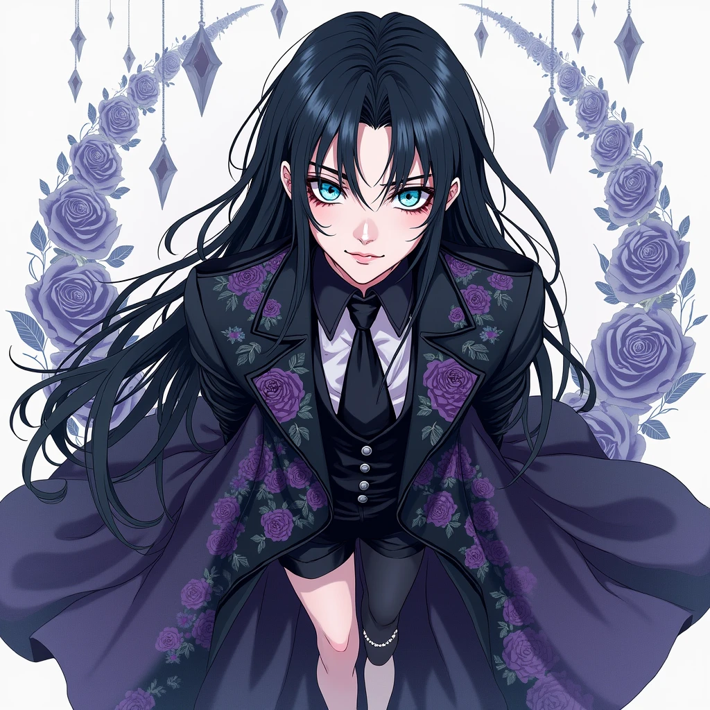 Male, sexy, long black hair, teal blue eyes, young, gothic clothes. delicate features, no facial hair, no body hair, seductive, white and pale. Roses. Purple and black. Long eyelashes. No facial hair. Man. Male. Smirking. No body or facial hair. Young male. Manga style. Male. Towering over the camera. Full body. Malicious. Sexy pose. Crossing his legs.