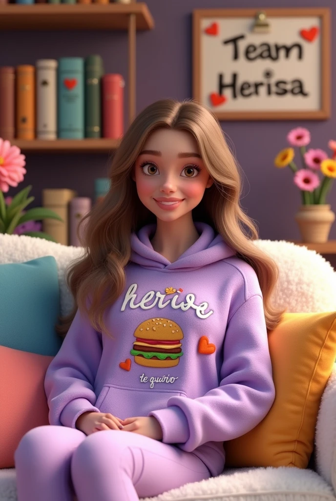 Crear en todo detalle de 3D estilo disney una mujer hermosa cabella largo liso cafe claro ojos claros cafes este usando una sudadera y short morada lila que diga HerIsa y tenga una ratita y una hamburguesa y corazones anaranjados y verdes bordados en la sudadera con capucha y este sentada en un mueble peludito blanco y atras flores y libros en estantes y un rotulo que diga Team Herisa♡ Te Quiero♡