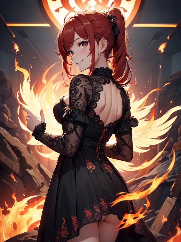 (((best quality, sharp image, clear image, cinematic lighting, 8k resolution, masterpiece, ultra detailed, intricate))) Girl, (((looking over left shoulder))), (shot from behind), ((shot from hip up)), fiery red hair, pigtails, ((intricate black dress)), ((flaming sigils, flaming runes)), spiky rock formations, (flaming lotus flowers frame), (intricate background), ((Phoenix)), (swirling flames), smiling