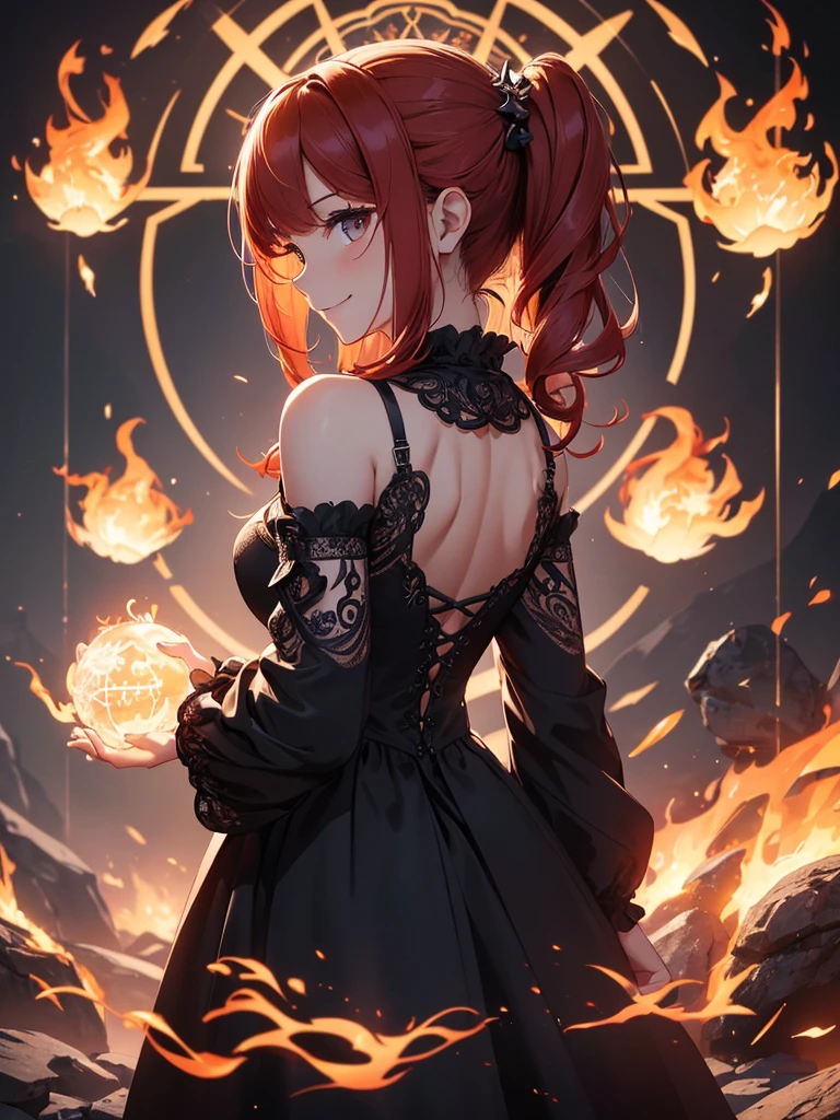 (((best quality, sharp image, clear image, cinematic lighting, 8k resolution, masterpiece, ultra detailed, intricate))) Girl, (((looking over left shoulder))), (shot from behind), ((shot from hip up)), fiery red hair, pigtails, ((intricate black dress)), ((flaming sigils, flaming runes)), spiky rock formations, (flaming lotus flowers frame), (intricate background), ((Phoenix)), (swirling flames), smiling