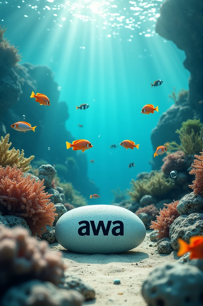 Create a place with fish plants and a brand logo "awa"