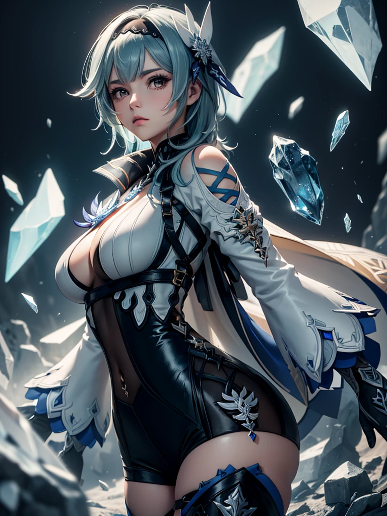 ((euladef)):1.5,((masterpiece,Highest quality,Highly detailed images,Beautiful images))1.4(Image of Eula leaning back with her arms raised、Huge crystal in the background、Overall dim lighting、Backlight、A fantastic atmosphere、Thick Fog、Dust flutters)1.3,(Close-up image of eula)1.1、(Her back is arched, Accentuate your breasts.、Turn your body to the viewer):1.2(Beautiful cleavage、Exposing cleavage)
