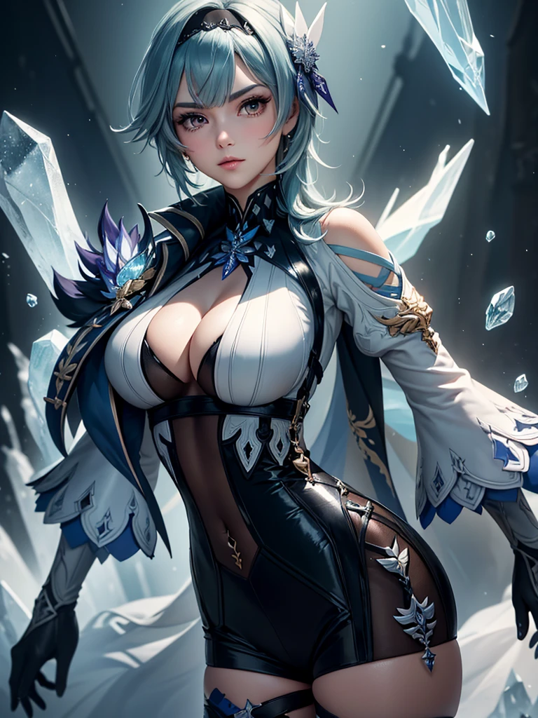 ((euladef)):1.5,((masterpiece,Highest quality,Highly detailed images,Beautiful images))1.4(Image of Eula leaning back with her arms raised、Huge crystal in the background、Overall dim lighting、Backlight、A fantastic atmosphere、Thick Fog、Dust flutters)1.3,(Close-up image of eula)1.1、(Her back is arched, Accentuate your breasts.、Turn your body to the viewer):1.2（Beautiful cleavage、Exposing cleavage）
