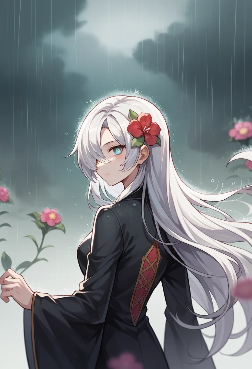1 girl,standing alone,1 girl,standing alone,((beautiful detailed eyes)), (detailed light),Depth of field,(White hair),silver eyes,hair over one eye,(FLOWER RED ), hair flower,long hair,black robe,humida,Emotionless,looking back,natta,looks stellar,raining,fog,FLOWER REDs falling,outline,trunk,sombras intensas,