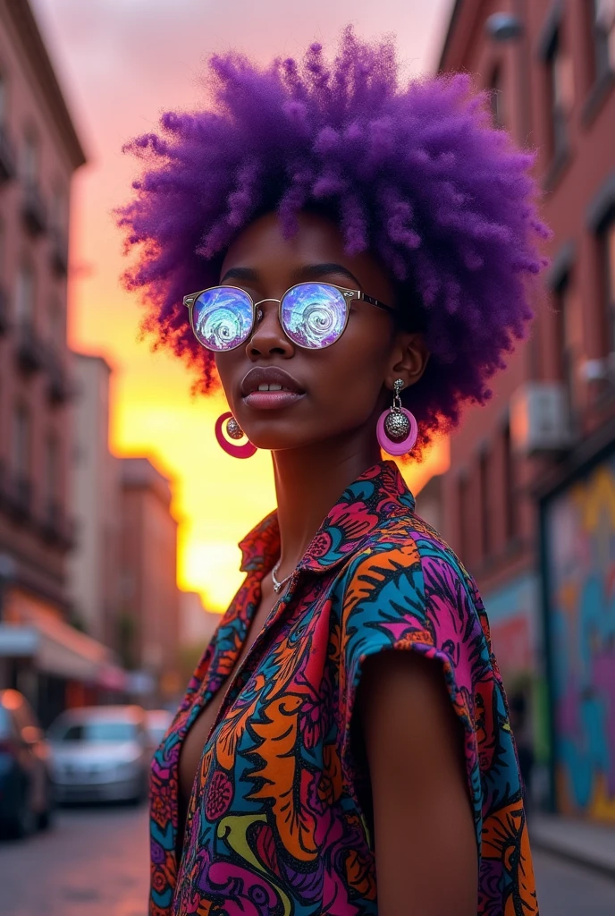 Young BLACK heroine with purple Black Power hair, with superpowers to open portals with mirrored glasses, with colorful clothes