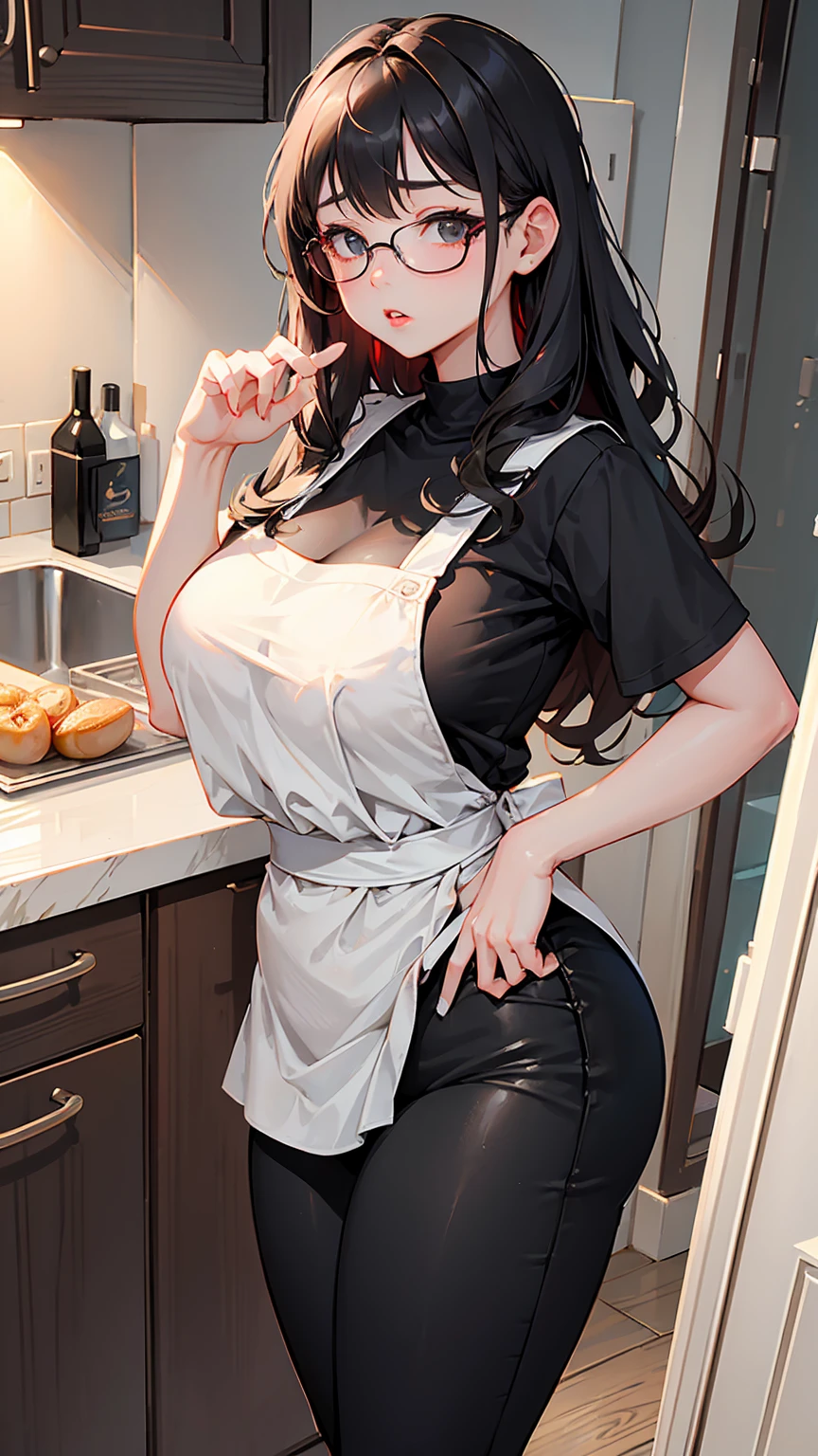 ((1 girl)) frowning very long hair pale skin black hair yellow eyes ((muscular)) (huge breasts) (naked apron)