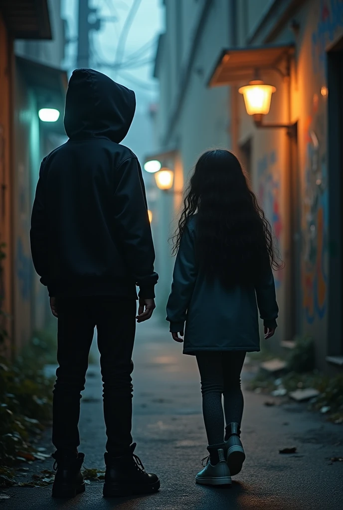 A hooded boy with his back turned, watching a girl with long black hair walk away with a mocking smile.