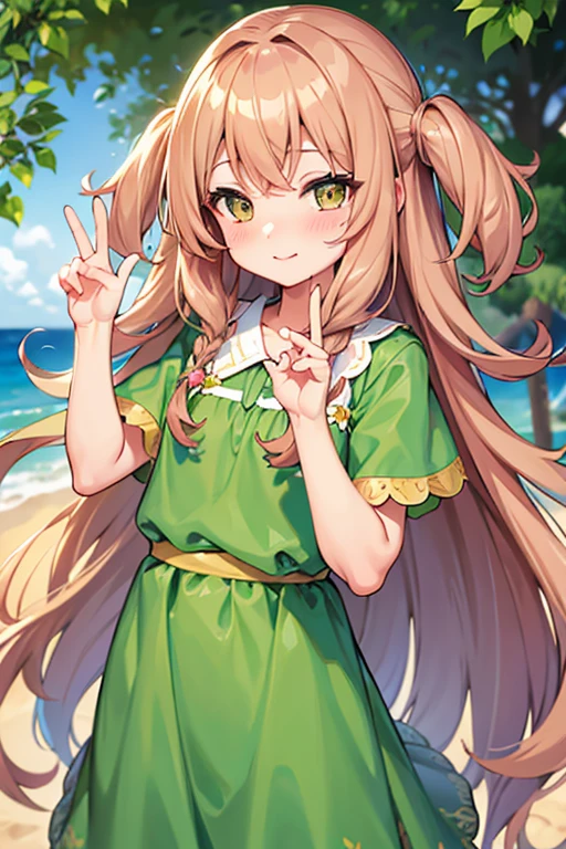 long wavy hair, chestnut hair, 1 girl, emerald eyes, waving with two fingers, pastel green dress, blush, looking ahead at viewer 