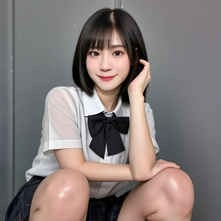 (kawaii 18 year-old Japanese girl, Nogizaka idol, Korean idol), healthy female athlete body, (glossy black hair, short hair, pixie cut, bangs:1.3), (rounded face, pure black eyes, single eyelid, no makeup, best smile:1.2), (wearing Japanese school uniforms, collared shirt, bow tie:1.3), extra small breasts, (plaid skirt, bare thighs visible:1.2), (high socks:0.8), BREAK, (simple grey background:1.3), (sitting on the bed, view from diagonally forward, cowboy shot, thigh focus:1.2), BREAK, (masterpiece, best quality, photo realistic, official art:1.4), (UHD, 8K quality wallpaper, high resolution, raw photo, golden ratio:1.3), (shiny skin), professional lighting, physically based rendering, award winning, (highly detailed skin, extremely detailed face and eyes, anatomically correct body), Carl Zeiss 85 mm F/1.4, depth of field, 1girl, solo,