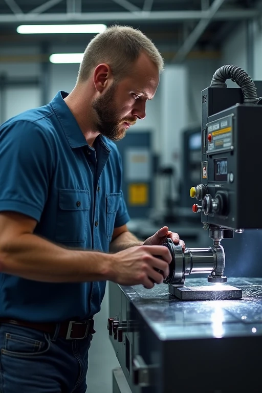 1 man, factory worker, parts manufacturer, using a five-axis CNC machine to manufacture a metal part. The part is a motorcycle stem
