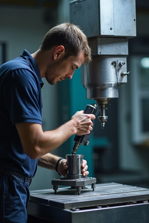 1 man, factory worker, parts manufacturer, using a five-axis CNC machine to manufacture a metal part. The part is a motorcycle stem
