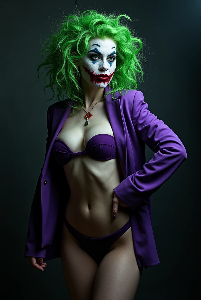 { "prompt": "A faithful female version of the iconic Joker from DC Comics, reimagined with a seductive yet psychotic allure, posing confidently for a photo. She has pale white skin and wild, vibrant green hair styled in messy, chaotic curls. Her makeup is heavy and smeared, inspired by Heath Ledger’s Joker, with dark, hollow eyes surrounded by smudged black makeup, and a blood-red, twisted smile that extends unevenly beyond the corners of her mouth, creating a chilling, yet irresistible, grin. She wears a tailored purple suit jacket with a green vest and matching tie, left open to reveal her toned, alluring physique, paired with a revealing purple bikini bottom. She stands in a dramatic pose, one hand on her hip, the other playfully twirling a lock of green hair, her body language exuding dangerous confidence. Her expression is a mix of madness and seduction, making her both terrifying and impossible to resist, using her beauty as a weapon to lure her prey. The background is dark and mysterious, with a spotlight illuminating her, capturing every detail of her twisted elegance.", "size": "1024x1792" }