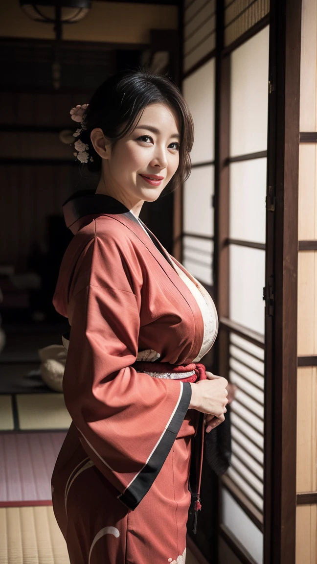 Mature attractive sexy woman,50 years old, ((kimono)),((vermilion))、(((kimono))),Shut,((Big Breasts:1.1)),(Facial wrinkles:1.3),light makeup,Light brown hair,Long Hair,(Full body photo:0.85),(Emphasize big buttocks),8k, RAW Photos, Highest quality, Laughter,cleavage,masterpiece,Highest quality、A kind smile、A captivating gaze、Random Hairstyles、Japanese-style room、Shoji Screen、lanthanum、