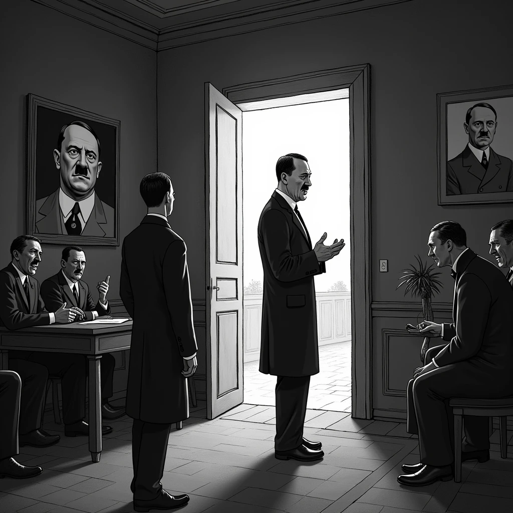 A dark, tense scene begins with the black-and-white photograph of Adolf Hitler, with a narrator’s voice questioning a lesser-known fact about him. The scene transitions to a silhouette of Hitler, drawn in an exaggerated, cartoonish style, showing him with only one testicle. The atmosphere is satirical, with a serious tone but with an underlying comedic element. Another scene depicts historians shaking their heads, denying the claim, illustrated in a semi-realistic yet slightly exaggerated style
