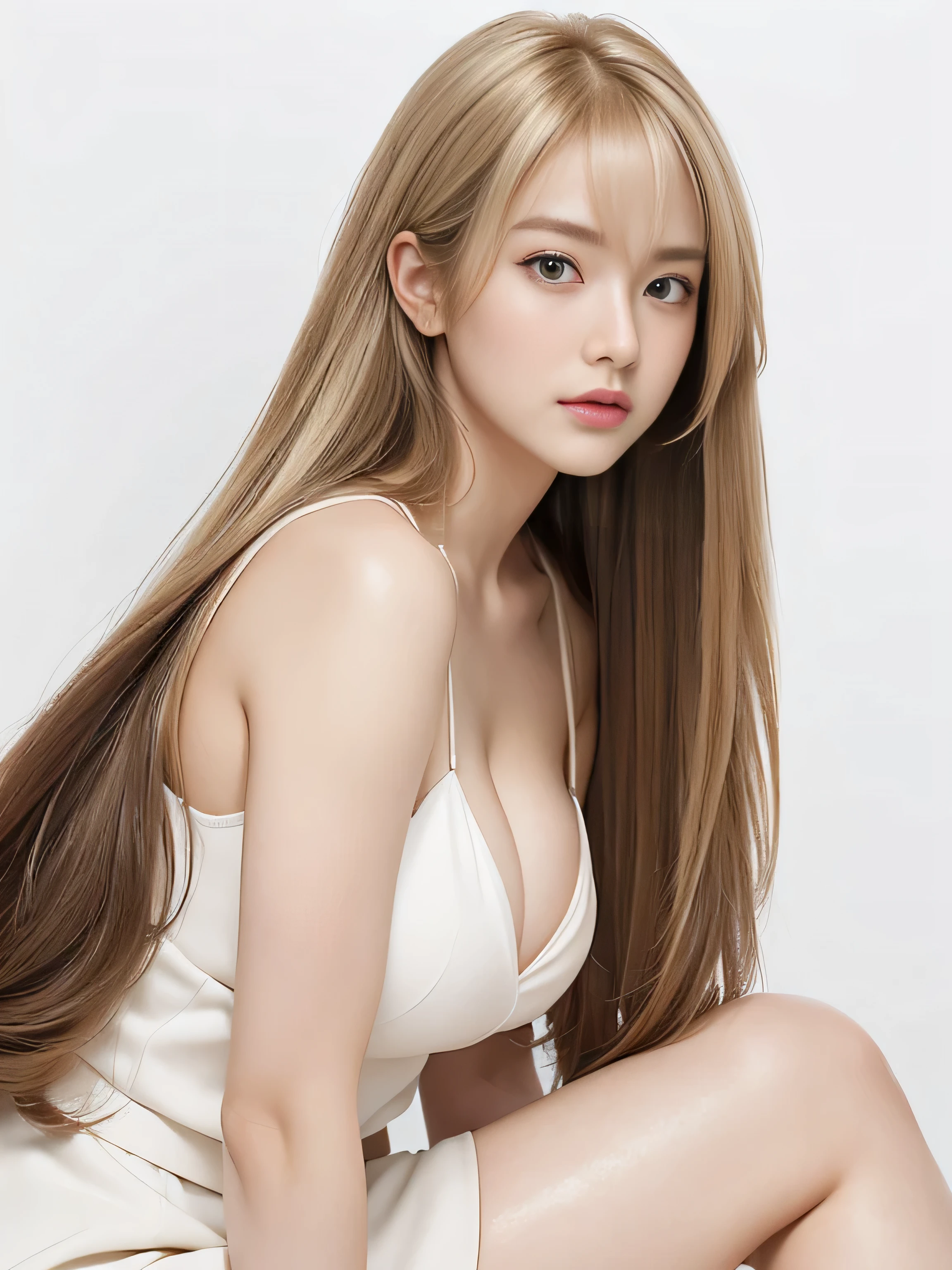 (White wall background:1.8. Upper body photo from the knees up) ((She is sitting in front of a white wall and posing with her back arched.:1.5 And a pose that shows as much hair as possible:1.6)) ((Her hair is blonde:1.5)) ((Her hair is very wavy:1.5)) (She is very dignified々Has a sly expression:1.5) (Large Breasts:2.0) ((24 year old French hair model)) ((Highest quality)), ((masterpiece)), (Get used to それ), Perfect face (1 person) Beautiful French woman's face, Characteristics of French faces ((Her hair color is the most beautiful blonde in the world!!!)) ((Her hair color is the most beautiful blonde in the world!!!)) ((Her hair color is the most beautiful blonde in the world!!!)) ((Her hair color is the most beautiful blonde in the world!!!)) ((Her bangs are neatly trimmed and straight down.:1.5 And it covers the forehead perfectly.:1.5)) ((She has beautiful blonde hair of the highest quality and detail.!!!!! Very long hair!!!!! Up to the ankle!!!!! Highest quality Attention to detail Up to the ankleの長い髪!!!!!、Very long hair!!!!! Abnormally long hair!!!!! Flowing Hair!!!!! Very shiny そして thick hair Abnormally long hair!!!!! Flowing Hair on both ends!!!!! Her hair is long, reaching down to her ankles.!!!!! Her hair reaches down to her ankles.!!!!! Thick and shiny hair Very free hair Abnormally long hair!!!!! Beautiful silky hair Beautiful and shiny hair Beautiful and shiny hair Beautiful silky hair Long hair Up to the ankle!!!!! Very very, Very long hair!!!!! Very very, Very long hair!!!!!)) (Highest quality The best ultra-fine Up to the ankleの長い髪!!!!!、Very long hair!!!!! It lasts forever!!!!! Flowing Hair Very shiny そして thick hair Abnormally long hair It lasts forever!!!!! Flowing Hair on both ends!!!!! Up to the ankleの長い髪!!!!! Up to the ankleの長い髪!!!!! Thick and shiny hair Very free hair Abnormally long hair!!!!! Beautiful silky hair Super long hair Up to the ankle!!!!! Beautiful and shiny hair Beautiful and shiny hair Beautiful silky hair Up to the ankleの長さの髪 Very veryVery long hair!!!!! Very veryVery long hair!!!!!)) ((She is wearing a black bra with lots of lace.... She is wearing black panties with lots of lace....)) (She is looking at the viewer with a very happy expression..:1.3) ((She is 24 years old and French...'The most sensual and beautiful hair model. Or a lingerie model)) (Received a sensual make-up treatment by a professional make-up artist..... Exquisite texture:1.4 Bright red lipstick!!! Beautiful black eyeliner) Perfect Female'face (Her face is dignified そして sexy) (Perfect double eyelids) ((Her eyebrows are very thin:1.8)) Perfect Female'face ((Her face has the characteristics of a French woman.!!!)) (Her face shape is thinner than average:1.8) (Her eyes are larger than average:1.8 Her nose is higher than average:1.8) (She has a fuller figure than the average French woman....:1.5) (Her skin is a typical Caucasian complexion....) (Her skin is very high quality and super high resolution Her skin is beautiful and radiant) ((Rich 1.4)) (Extremely detailed 8K) (Ultra-fine skin texture 1.4) (current, Vibrant:1.4), Sharp focus:1.2、Beautiful woman:1.4 Dynamic Lighting (Genuine RAW photos taken by professional photographers) (Surreal photos by professional photographers :1.2)