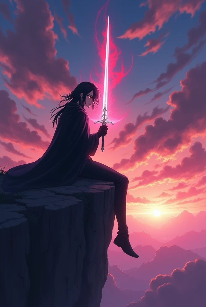 handsome anime character with black hair and light eyes and a black cape, hold white sword, and red aura. the pose is sitting
