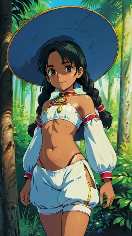 (One person, alone, Very detailed, masterpiece, Highest quality, Highest quality, High resolution, 4K, 8k, RAW Photos),((Innocent look)),((Childish)),from the front, Symmetrical Configuration,smile,cute,Innocent,Kind eyes,Flat Chest,Hairless vagina, Camel Toe,Ghibli style,forest, talim
Dark skin
Black woman
Twin tails
Braids
Hat, Arabian clothing, See through, Bandeau, jewelry
hat, Arabian clothing, Long sleeve, White shorts, jewelry, abdomen