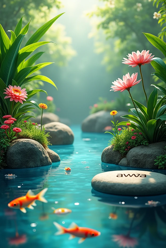Create a place with plants and fish and a brand logo "awa"