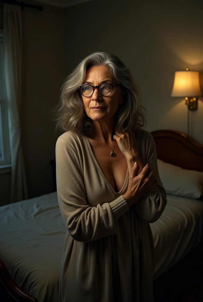 A 63-year-old woman wearing glasses, weighing 70 kilos distributed in a body with 165 centimeters in height and small, flabby breasts. She has an expressive face with lines of time from age, small mouth, brown eyes with a serene and suffering look, very light brown eyes and wavy gray hair. She is standing completely naked and caressing her vagina next to a bed in a humble and precarious room at night..