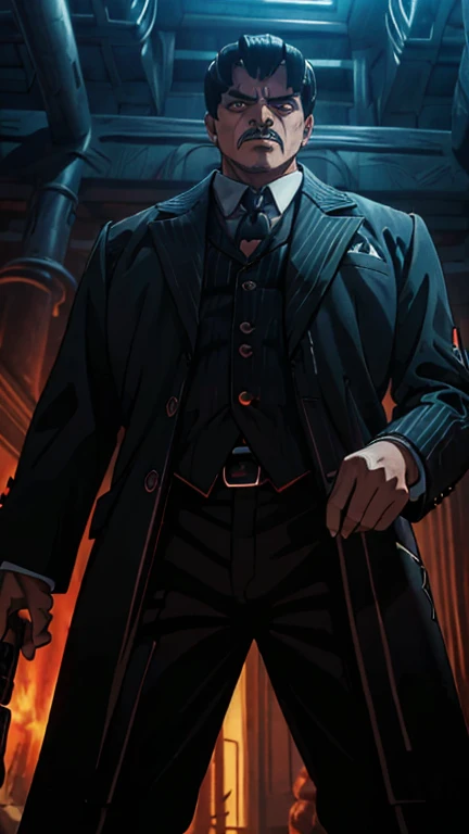 (1boy, gomez addams), (extremely detailed CG unit 8k wallpaper),(master part), (best quality), (ultra detail), (best illustration),(wanostyle), cowboy shot, (Sharp eyeliner, ombre, detail eyes), dark dungeon interiors background, ,break , (vamptech), 