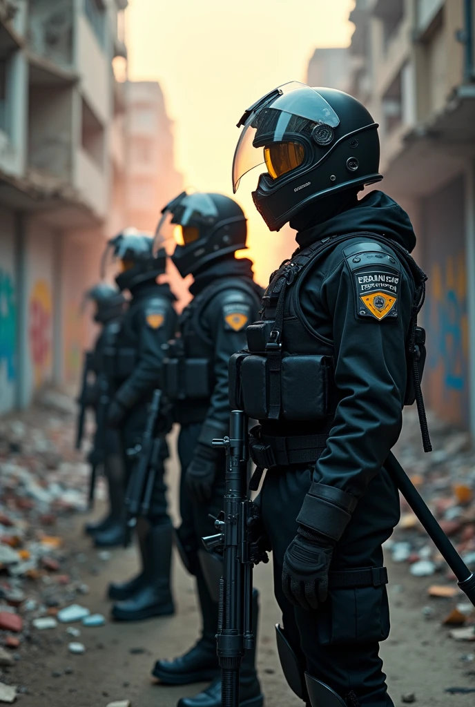 Cool looking fully equipped riot police, armed with carries and batons, protect the ruined city
