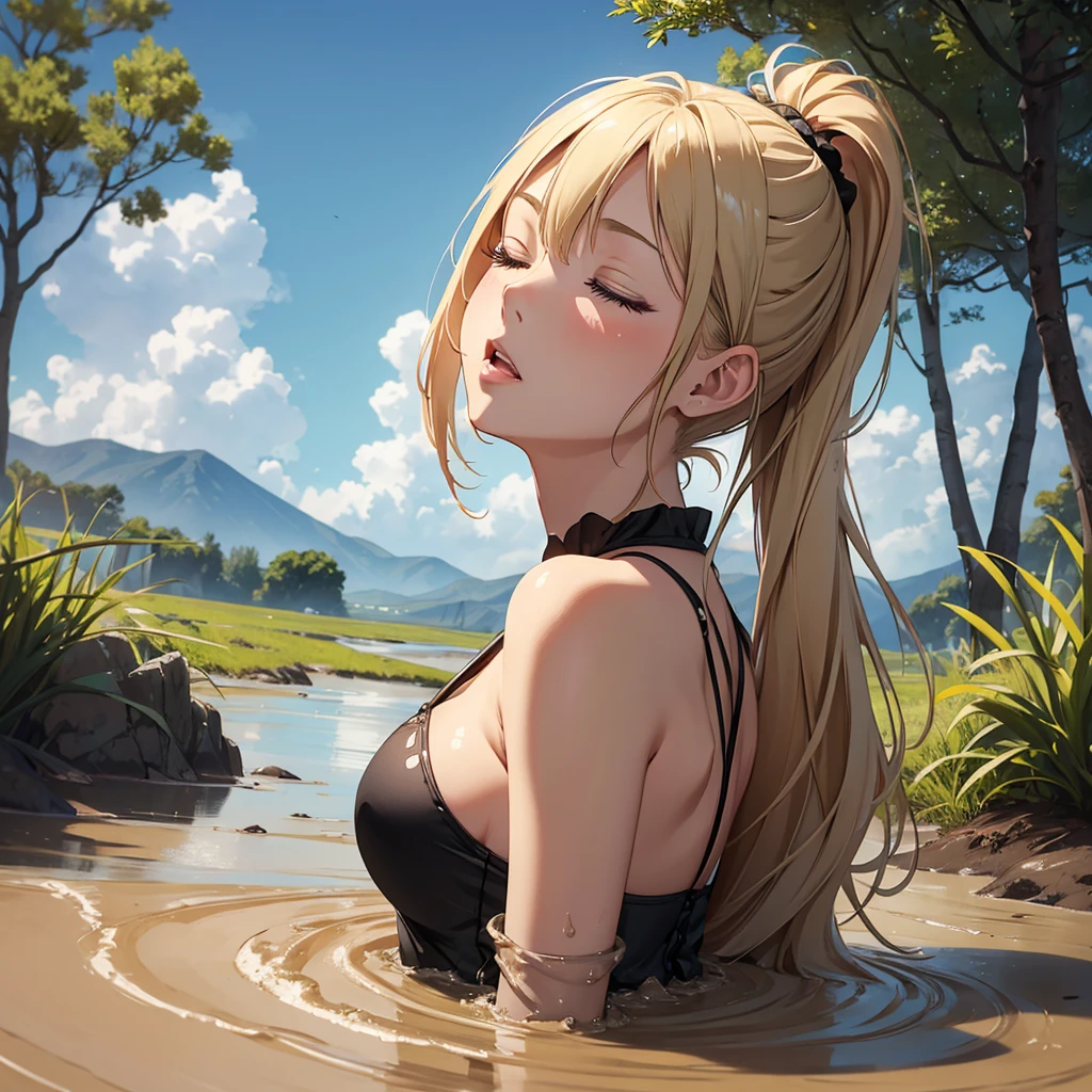 1girl, solo:1.5, masterpiece, best quality, high res, highly detailed, (illustration), beautiful detailed eyes, yuigahama yui, blonde hair ponytail, glossy lips, light makeup, orgasm, (looking up to the sky:1.5), (mouth open:1.2), intimate moment, wearing black thong panty, cleavage, (quicksand:1.4), (from side:1.4), bog, swamp, grass, trees, (eyes closed:1.3), gasping
