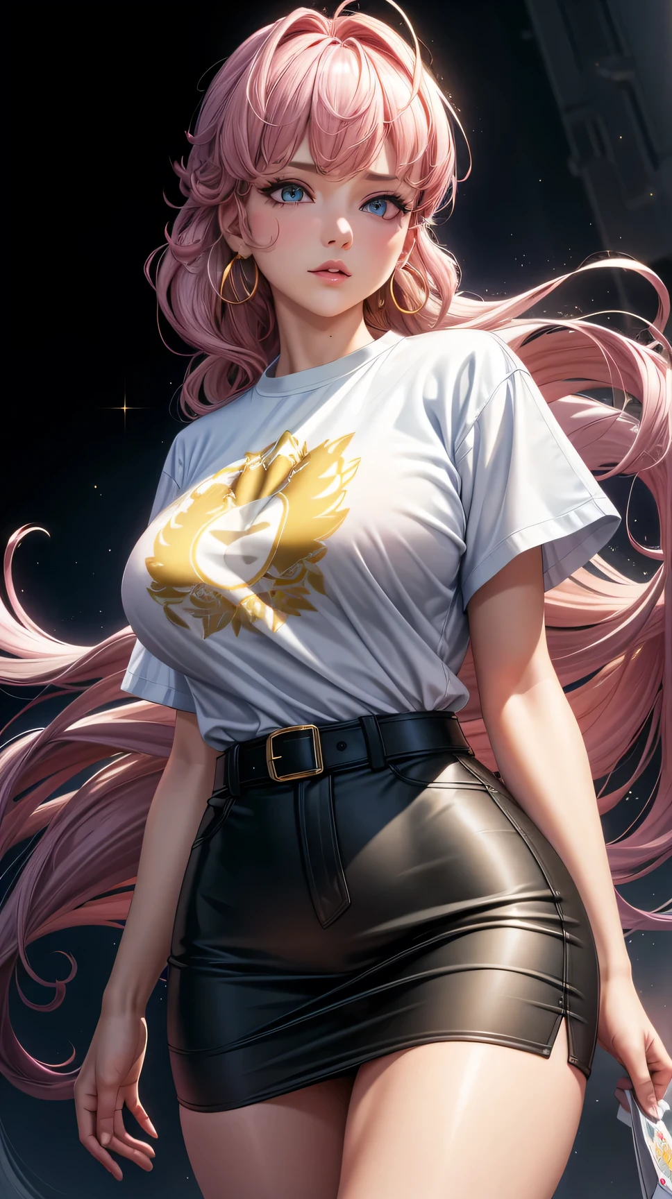 (best quality:1.5, highres, UHD, 4K, detailed lighting, shaders), white curly floral haired, gradient hair, large breasts, suit, T-shirt, social shirt, short skirt, mature woman , (pov), white background, colorful eyeshadow, dramatic lighting, sparkling eyes, sensual expression, golden earrings, flowing hair, delicate facial features, soft skin, high cheekbones, urban setting, black background, dont look for the camera, lean forward,  behind  the camera, eyes half closed