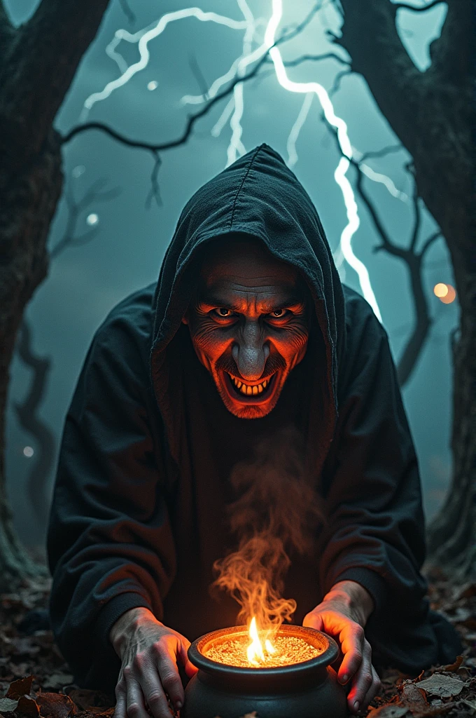 Messi's face, ugly and evil witch, black and sunken eyes, ugly witch's nose