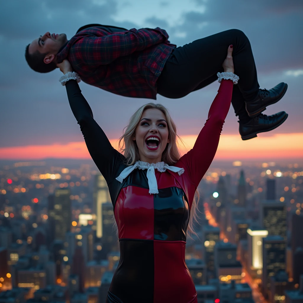 Harley Quinn lifting a large man high above her head with her strong arms. Photorealistic. Wide angle. City skyline in the background.
