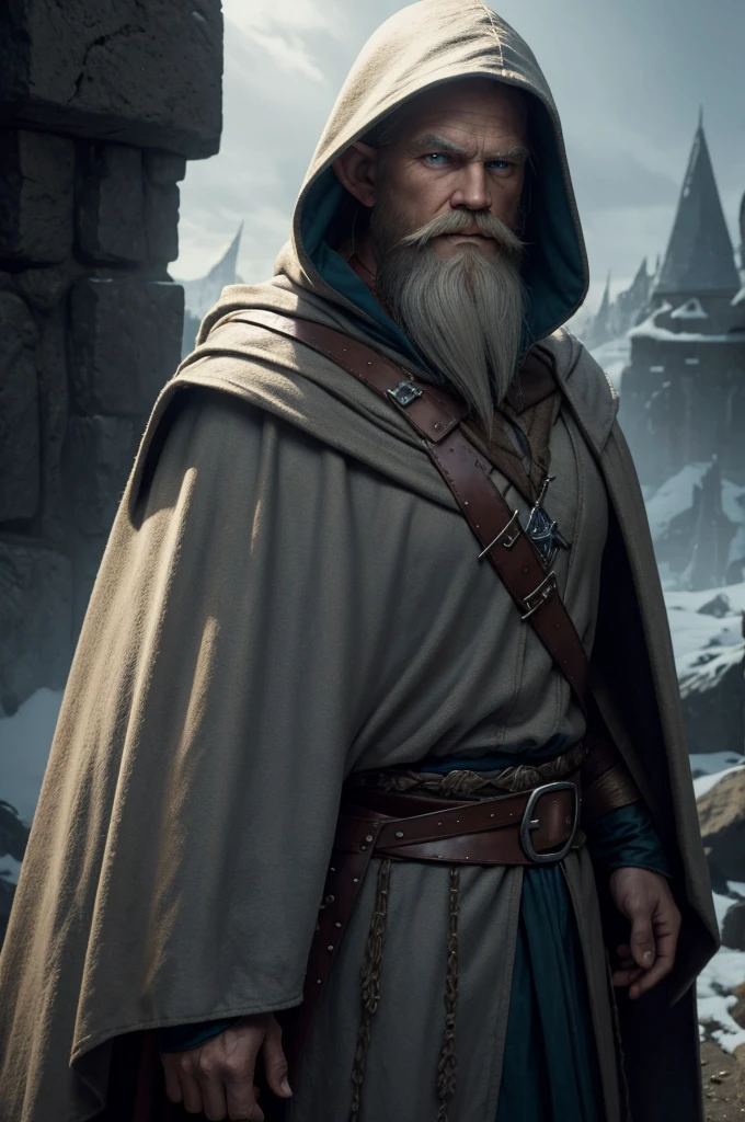 (master piece), 8k, best quality, detailed elf, middle-aged, hooded, Nordic Viking outfit, brown Santa Claus hood and cape, big white beard, pointed ears, striking blue eyes, cinematic lighting, dramatic chiaroscuro, muted color palette, atmospheric, fantasy, concept art
