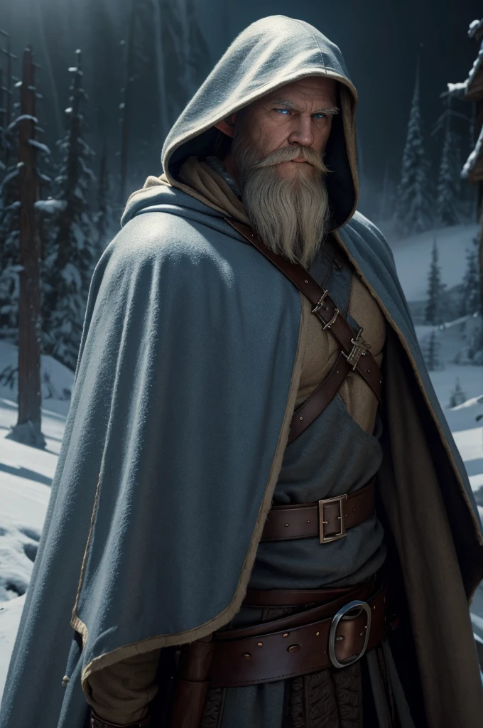 (master piece), 8k, best quality, detailed elf, middle-aged, hooded, Nordic Viking outfit, brown Santa Claus hood and cape, big white beard, pointed ears, striking blue eyes, cinematic lighting, dramatic chiaroscuro, muted color palette, atmospheric, fantasy, concept art