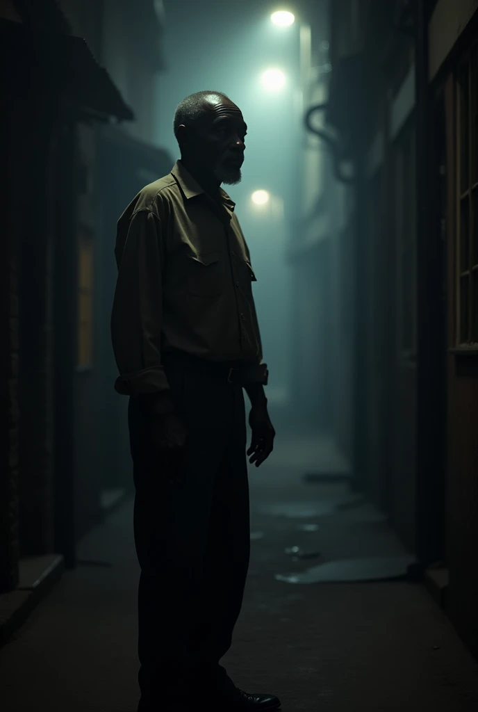 An old Black man standing in a very dark place wearing dark pants and shirt.