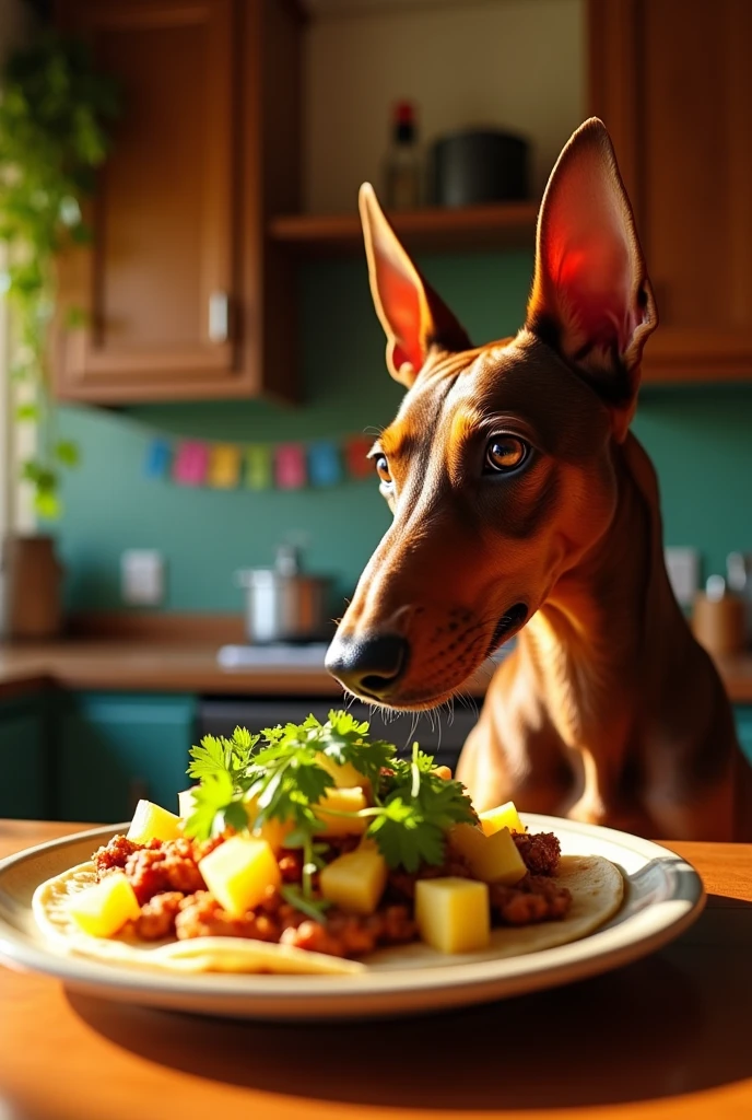 Create an illustration of some pastor tacos, where a brown Doberman dog is about to eat them
