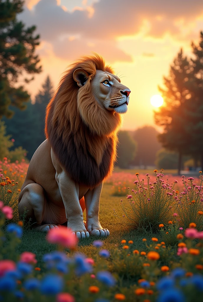 Crear en todo detalle de 3D un enorme leon ojos cafe claros que este parado alrededor de un hermoso prado lleno de flores lindas y un hermoso atardecer y un rotulo de madera que diga Team masad forever ♡ te quiero♡