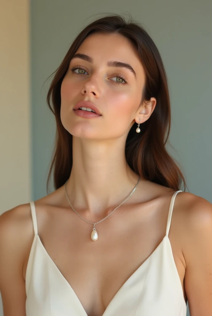 Create an image of a model with jewelry, preferably only on her neck, Let it be minimalist and elegant