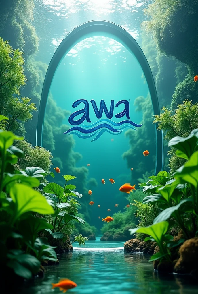 Create a place with plants and fish and a brand logo "awa" that the brand looks more
