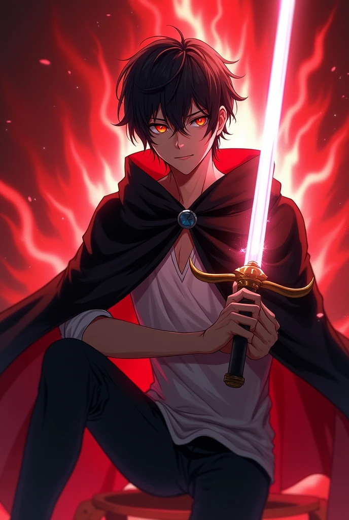 handsome anime character with black hair and light eyes and a black cape, hold white sword, and red aura. the pose is sitting, front angle