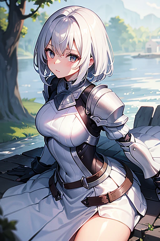 armored dress, white shirt, forst, looking ahead at viewer