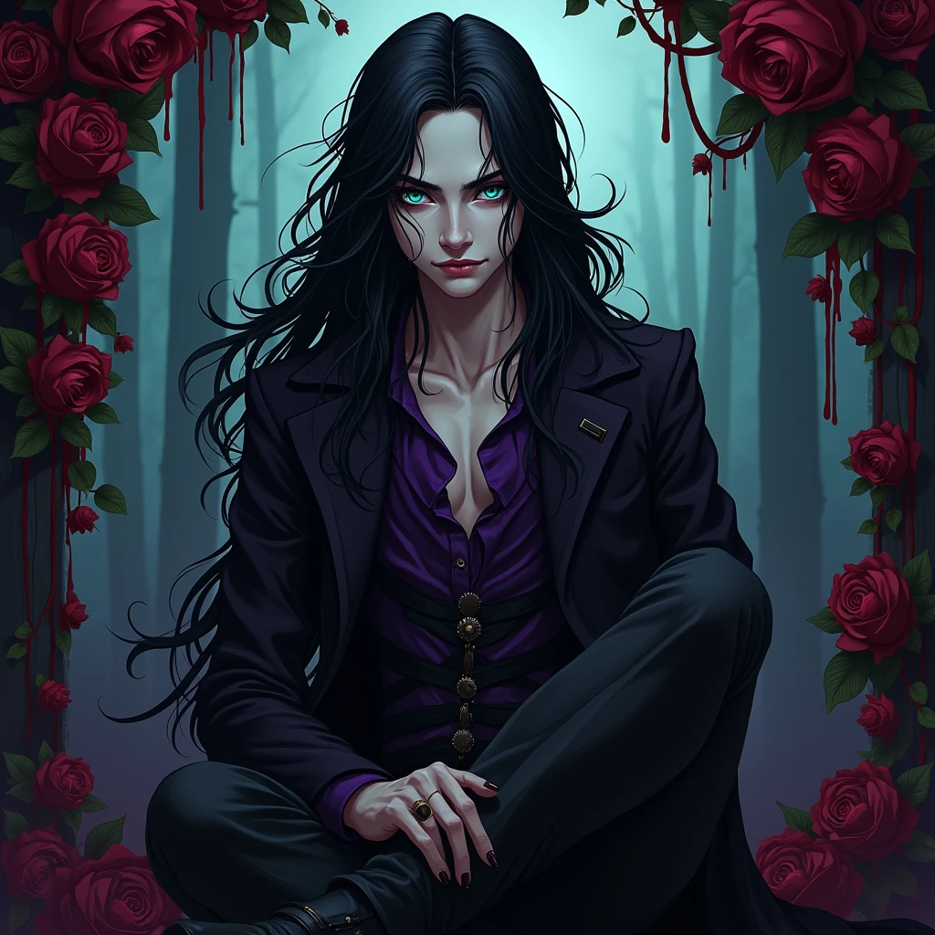 Male, sexy, long black hair, teal blue eyes, young, gothic clothes. delicate features, no facial hair, no body hair, seductive, white and pale. Roses. Purple and black. Long eyelashes. No facial hair. Man. Male. Smirking. No body or facial hair. Young male. Manga style. Male. Towering over the camera. Full body. Malicious. Sexy pose. Crossing his legs. Raising a brow. Blood. Scary atmosphere. Dark.
