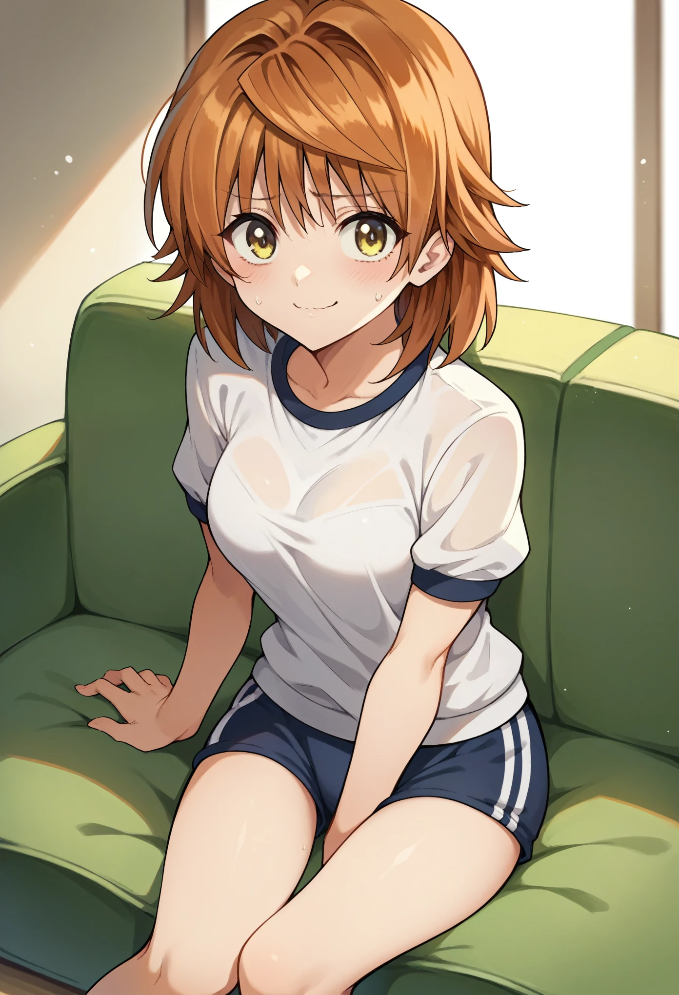 score_9, score_8_up, score_7_up, 1girl, solo, yuusaki riko, yellow eyes, brow hair, medium hair, spiked hair, taisoufukuN, gym uniform, blue short, sitting on couch, nervous, smile, looking at you, hall