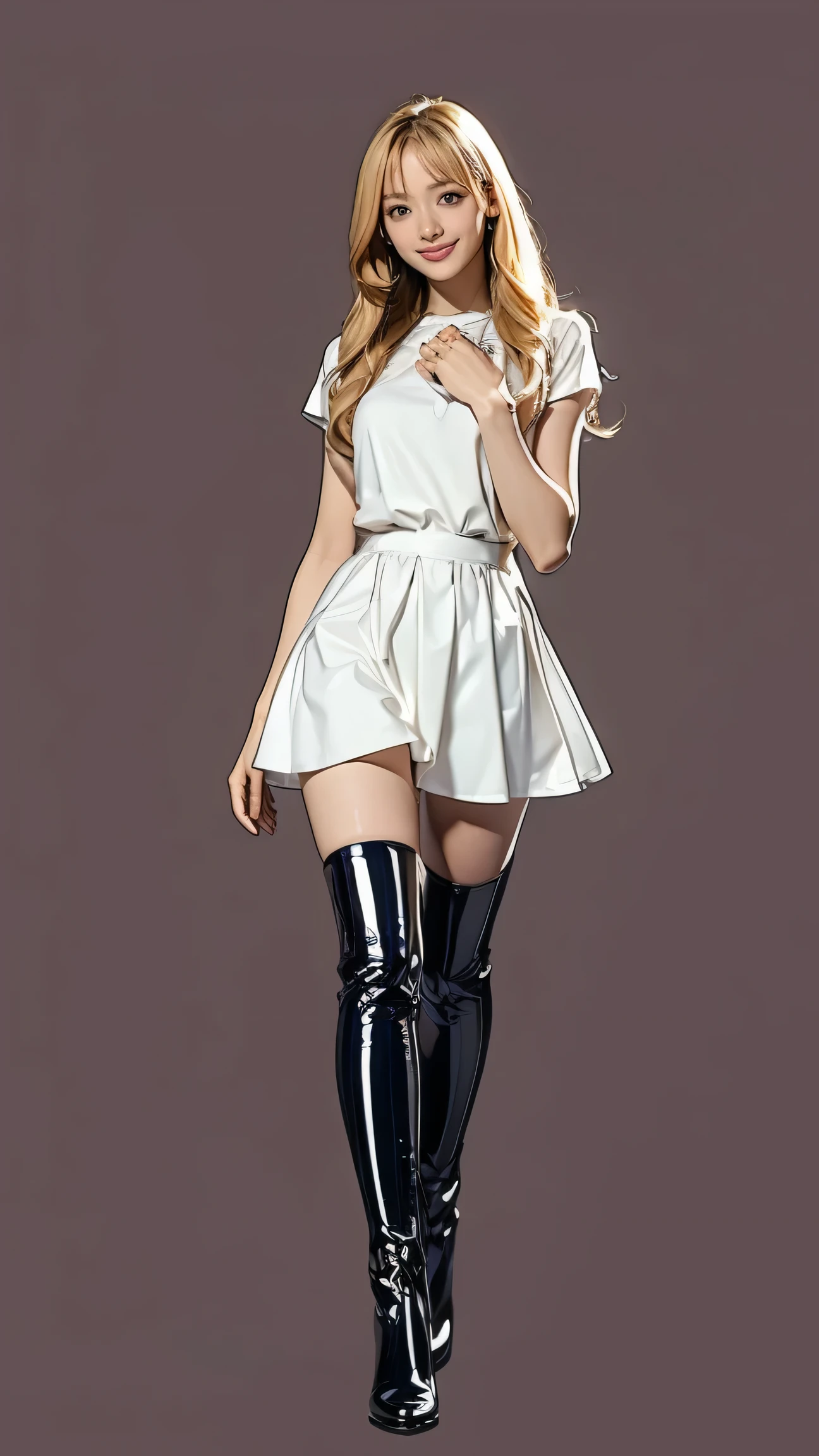 ((masterpiece)),(((Highest quality))),((Character design sheet)),Thin thighs,Long legs,((woman, alone, Long Hair)),Innocent look, Bare arms, White blouse、High quality shiny latex tight skirt、Knee-high boots,Blonde，The best smile，