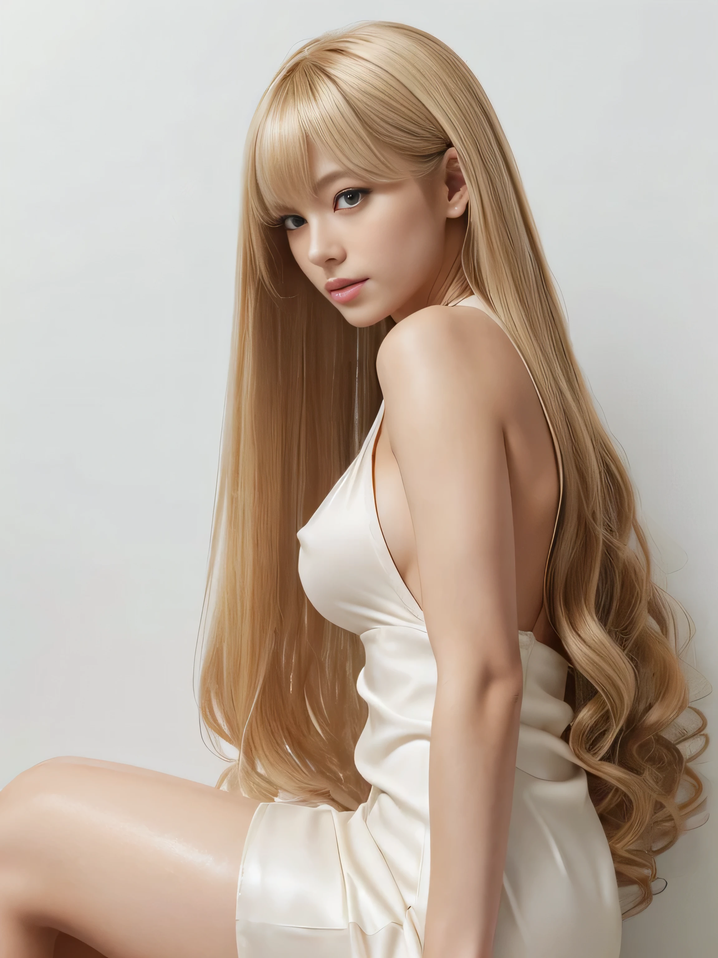 (White wall background:1.8. Upper body photo from the knees up) ((She is sitting in front of a white wall and posing with her back arched.:1.5 And a pose that shows as much hair as possible:1.6)) ((Her hair is blonde:1.5)) ((Her hair is very curly hair:1.6)) (She is very dignified々Has a sly expression:1.5) (Large Breasts:2.0) ((24 year old French hair model)) ((Highest quality)), ((masterpiece)), (Get used to それ), Perfect face (1 person) Beautiful French woman's face, Characteristics of French faces ((Her hair color is the most beautiful blonde in the world!!!)) ((Her hair color is the most beautiful blonde in the world!!!)) ((Her hair color is the most beautiful blonde in the world!!!)) ((Her hair color is the most beautiful blonde in the world!!!)) ((Her bangs are neatly trimmed and straight down.:1.5 And it covers the forehead perfectly.:1.5)) ((She has beautiful blonde hair of the highest quality and detail.!!!!! Very long hair!!!!! Up to the ankle!!!!! Highest quality Attention to detail Up to the ankleの長い髪!!!!!、Very long hair!!!!! Abnormally long hair!!!!! Flowing Hair!!!!! Very shiny そして thick hair Abnormally long hair!!!!! Flowing Hair on both ends!!!!! Her hair is long, reaching down to her ankles.!!!!! Her hair reaches down to her ankles.!!!!! Thick and shiny hair Very free hair Abnormally long hair!!!!! Beautiful silky hair Beautiful and shiny hair Beautiful and shiny hair Beautiful silky hair Long hair Up to the ankle!!!!! Very very, Very long hair!!!!! Very very, Very long hair!!!!!)) (Highest quality The best ultra-fine Up to the ankleの長い髪!!!!!、Very long hair!!!!! It lasts forever!!!!! Flowing Hair Very shiny そして thick hair Abnormally long hair It lasts forever!!!!! Flowing Hair on both ends!!!!! Up to the ankleの長い髪!!!!! Up to the ankleの長い髪!!!!! Thick and shiny hair Very free hair Abnormally long hair!!!!! Beautiful silky hair Super long hair Up to the ankle!!!!! Beautiful and shiny hair Beautiful and shiny hair Beautiful silky hair Up to the ankleの長さの髪 Very veryVery long hair!!!!! Very veryVery long hair!!!!!)) ((She is wearing a black bra with lots of lace.... She is wearing black panties with lots of lace....)) (She is looking at the viewer with a very happy expression..:1.3) ((She is 24 years old and French...'The most sensual and beautiful hair model. Or a lingerie model)) (Received a sensual make-up treatment by a professional make-up artist..... Exquisite texture:1.4 Bright red lipstick!!! Beautiful black eyeliner) Perfect Female'face (Her face is dignified そして sexy) (Perfect double eyelids) ((Her eyebrows are very thin:1.8)) Perfect Female'face ((Her face has the characteristics of a French woman.!!!)) (Her face shape is thinner than average:1.8) (Her eyes are larger than average:1.8 Her nose is higher than average:1.8) (She has a fuller figure than the average French woman....:1.5) (Her skin is a typical Caucasian complexion....) (Her skin is very high quality and super high resolution Her skin is beautiful and radiant) ((Rich 1.4)) (Extremely detailed 8K) (Ultra-fine skin texture 1.4) (current, Vibrant:1.4), Sharp focus:1.2、Beautiful woman:1.4 Dynamic Lighting (Genuine RAW photos taken by professional photographers) (Surreal photos by professional photographers :1.2)