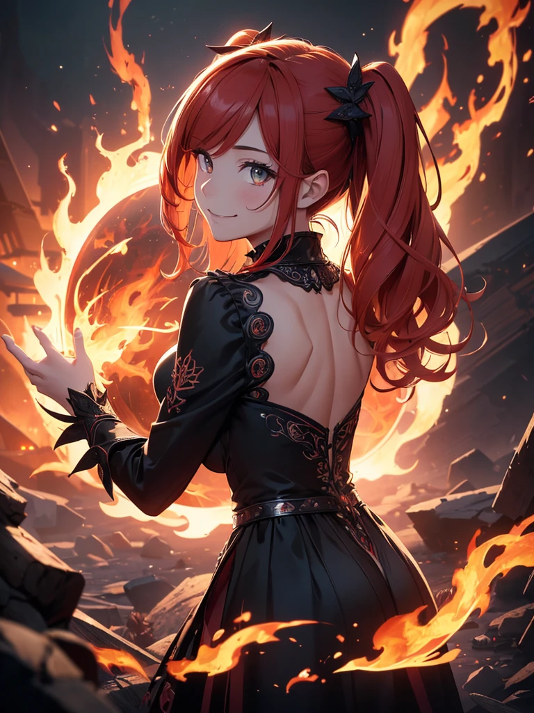 (((best quality, sharp image, clear image, cinematic lighting, 8k resolution, masterpiece, ultra detailed, intricate))) Girl, (((looking over left shoulder))), (shot from behind), ((shot from hip up)), fiery red hair, pigtails, ((intricate black dress)), ((flaming sigils, flaming runes)), spiky rock formations, (flaming lotus flowers frame), (intricate background), ((Phoenix)), (swirling flames), smiling
